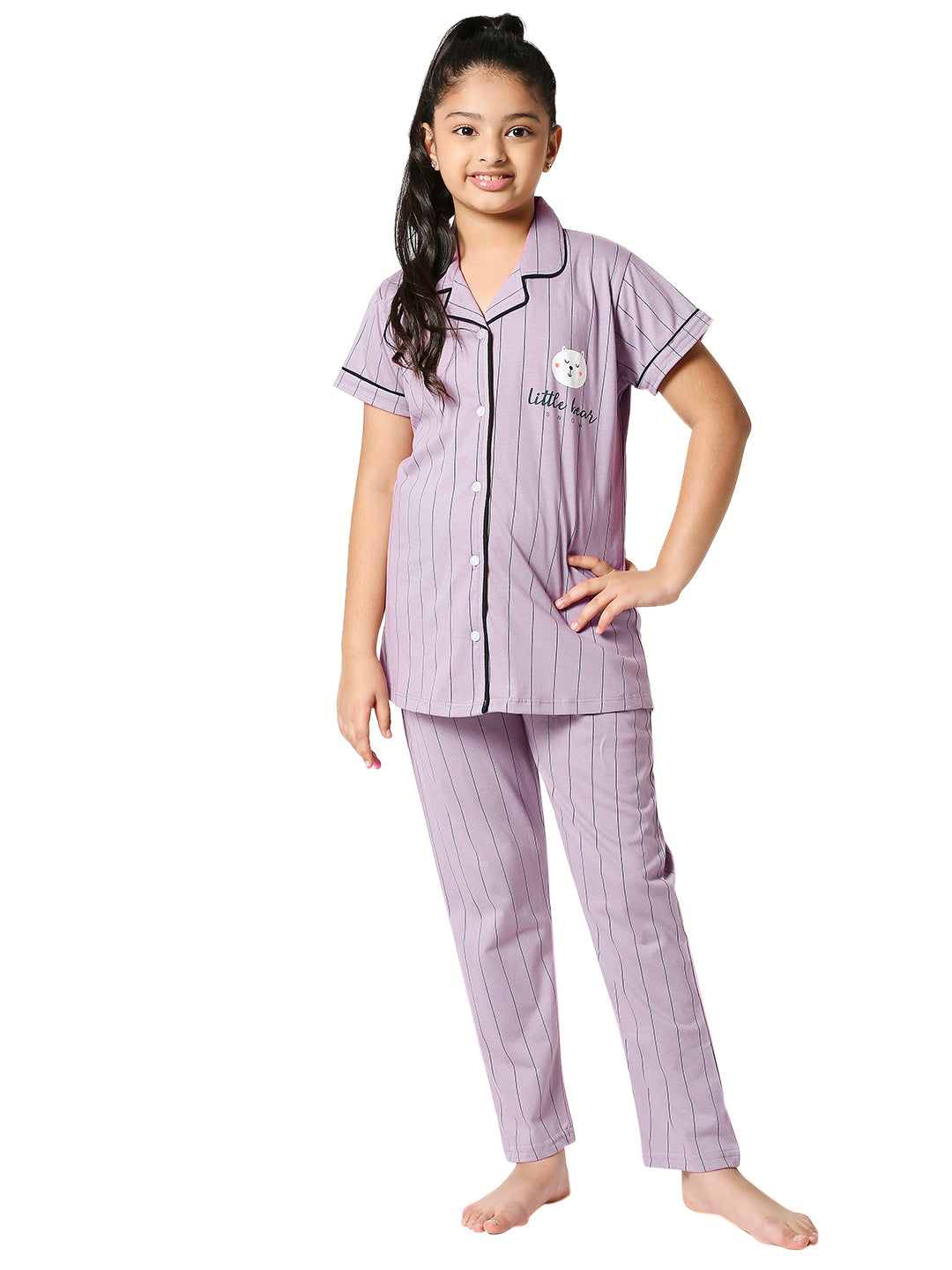 ZEYO Girl's Cotton Strip Printed Lavender Night Suit Set of Shirt & Pyjama