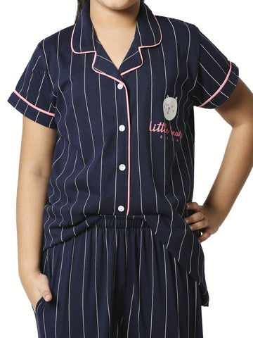 ZEYO Girl's Cotton Strip Printed Navy Blue Night Suit Set of Shirt & Pyjama