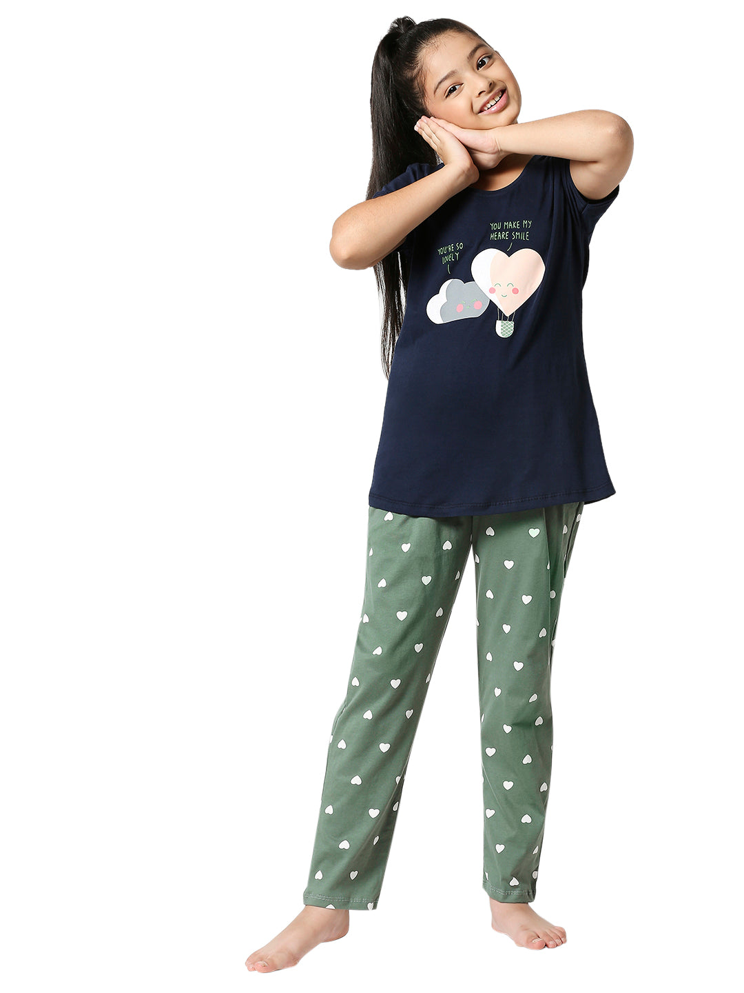 ZEYO Girl's Cotton Heart Printed Navy Blue Night Suit Set of Top & Pyjama