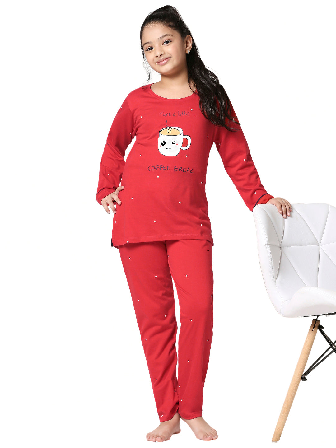 ZEYO Girl's Cotton Dot Printed Red Night Suit Set of Top & Pyjama