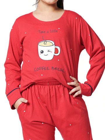 ZEYO Girl's Cotton Dot Printed Red Night Suit Set of Top & Pyjama