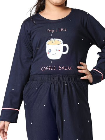ZEYO Girl's Cotton Dot Printed Navy Blue Night Suit Set of Top & Pyjama