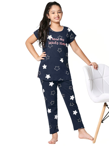 ZEYO Girl's Cotton Star Printed Navy Blue (Pink) Night Suit Set of Top & Pyjama