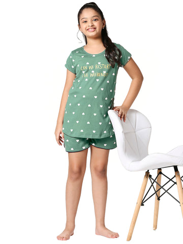 ZEYO Girl's Cotton Heart Printed Green Night Suit Set of Top & Shorts