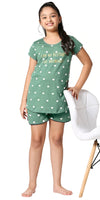 ZEYO Girl's Cotton Heart Printed Green Night Suit Set of Top & Shorts