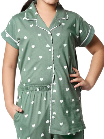 ZEYO Girl's Cotton Heart Printed Green Night Suit Set of Shirt & Pyjama