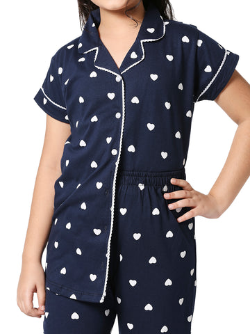 ZEYO Girl's Cotton Heart Printed Navy Blue Night Suit Set of Shirt & Pyjama