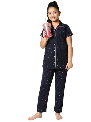ZEYO Girl's Cotton Flash Printed Navy Blue Night Suit Set of Shirt & Pyjama