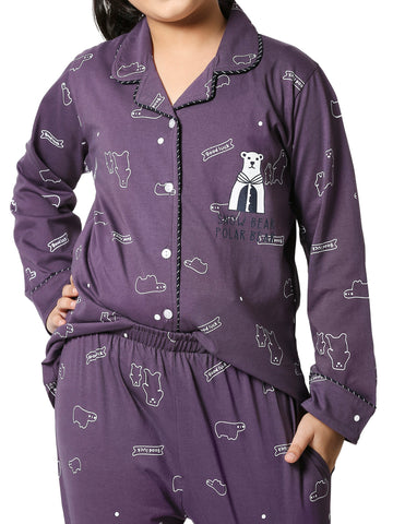 ZEYO Girl's Cotton Polar Bear Printed Purple Night Suit Set of Shirt & Pyjama