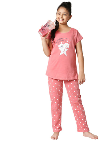 ZEYO Girl's Cotton Polka Dot Printed Pink Night Suit Set of Top & Pyjama