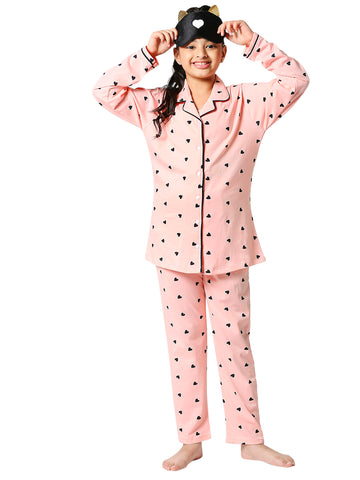 ZEYO Girl's Cotton Heart Printed Peach Night Suit Set of Shirt & Pyjama