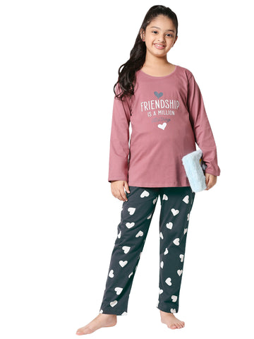 ZEYO Girl's Cotton Heart Printed Brown Night Suit Set of Top & Pyjama