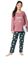 ZEYO Girl's Cotton Heart Printed Brown Night Suit Set of Top & Pyjama