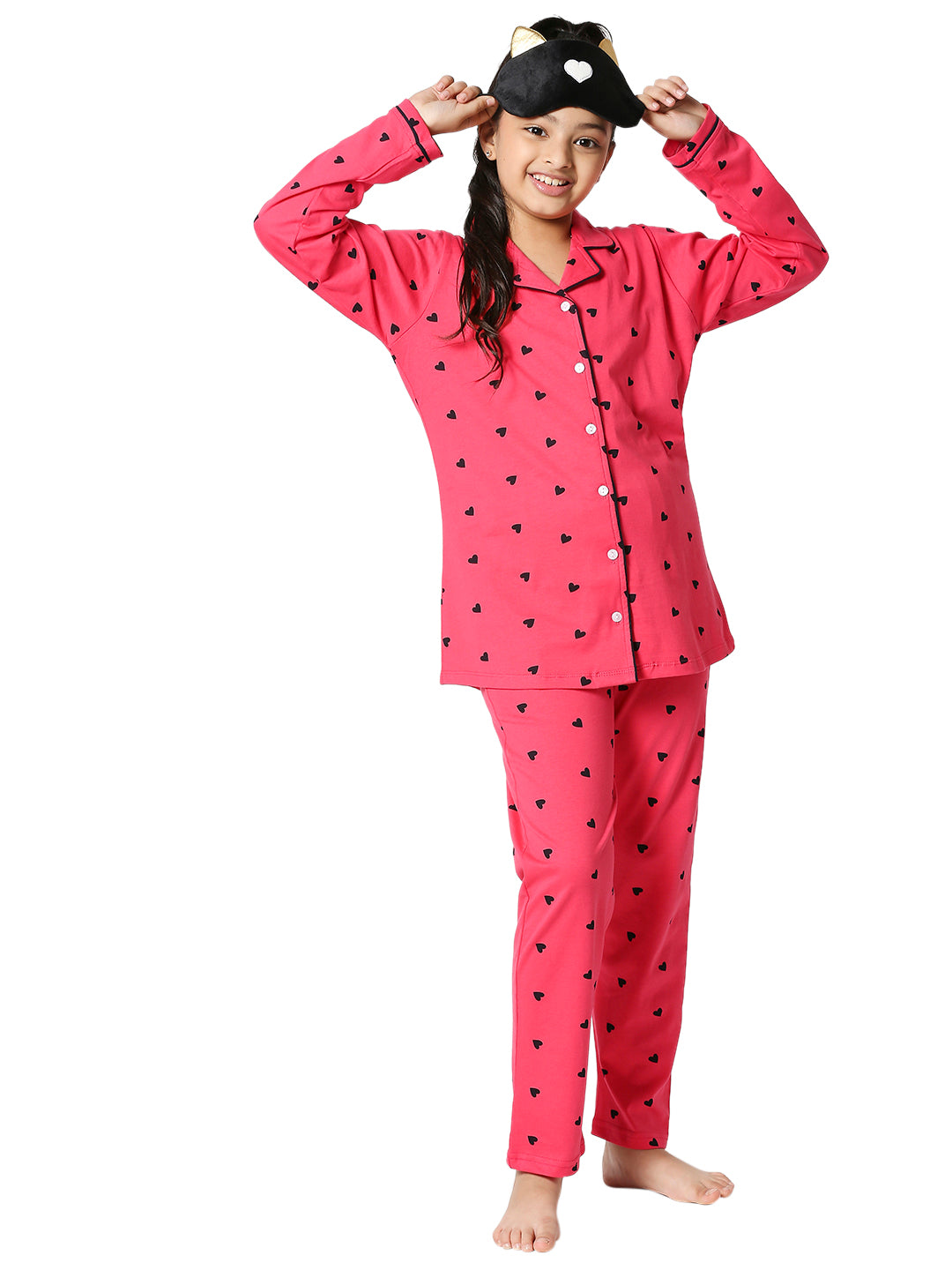 ZEYO Girl's Cotton Heart Printed Pink Night Suit Set of Shirt & Pyjama