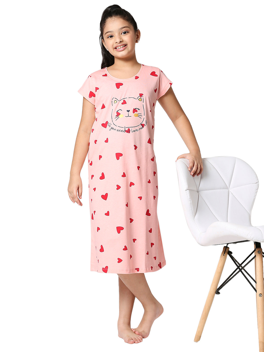 ZEYO Girls Cotton Heart Print Pink Stylish Night Dress Set