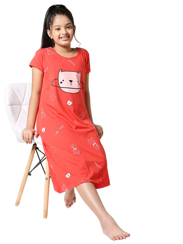 ZEYO Girls Cotton Printed Red Stylish Night Dress Set 5523
