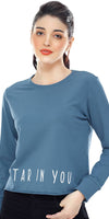 Zeyo Women Cotton Blue Printed Full Sleeve Crop Top
