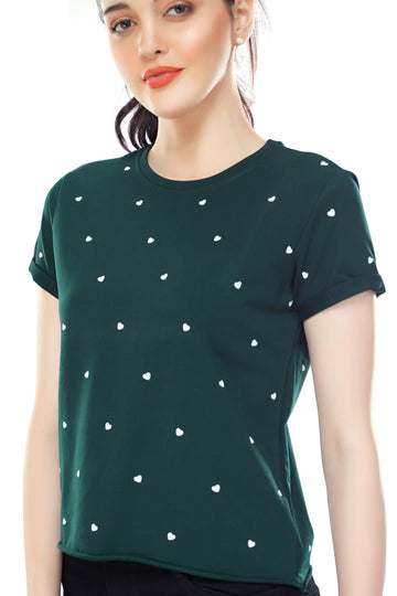 Zeyo Women Cotton Bottle Green Heart Printed Short Sleeve Crop Top