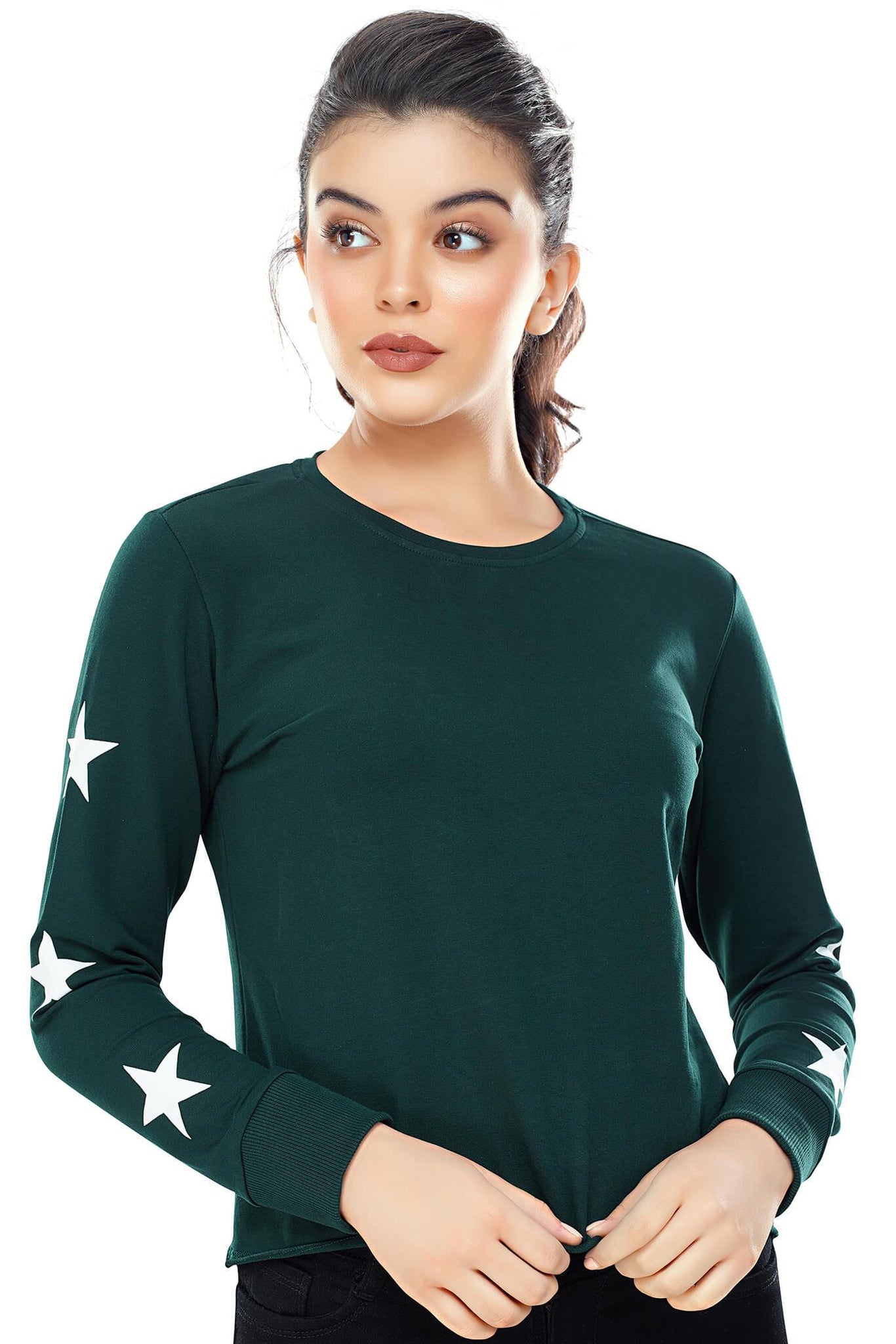 Zeyo Women Cotton Bottle Green Star Printed Full Sleeve Crop Top
