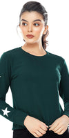 Zeyo Women Cotton Bottle Green Star Printed Full Sleeve Crop Top