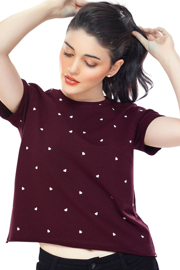 Zeyo Women Cotton Maroon Heart Printed Short Sleeve Crop Top