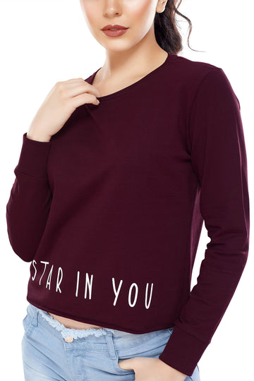 Zeyo Women Cotton Maroon Printed Full Sleeve Crop Top