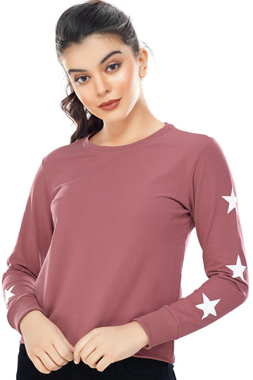 Zeyo Women Cotton Mauve Star Printed Full Sleeve Crop Top