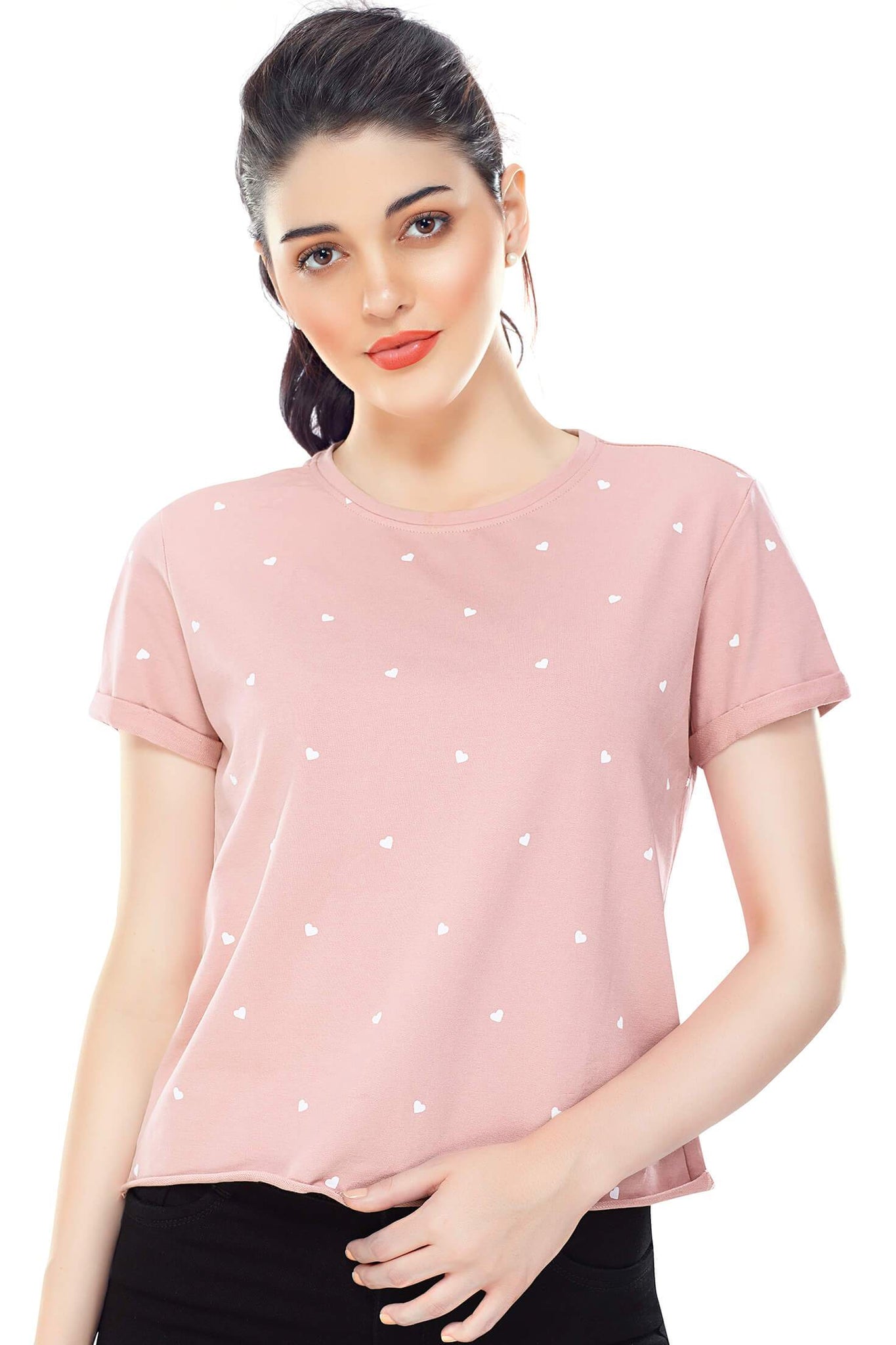 Zeyo Women Cotton Peach Heart Printed Short Sleeve Crop Top