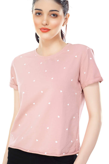 Zeyo Women Cotton Peach Heart Printed Short Sleeve Crop Top